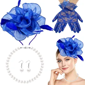 1920s Vintage Fascinators Hat Set for Women Cocktail Wedding Halloween Tea Party Headband Lace Gloves Pearl Jewelry Set