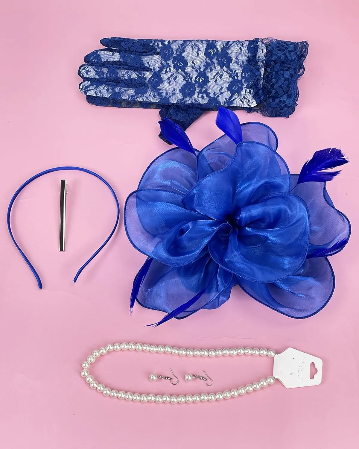 1920s Vintage Fascinators Hat Set for Women Cocktail Wedding Halloween Tea Party Headband Lace Gloves Pearl Jewelry Set