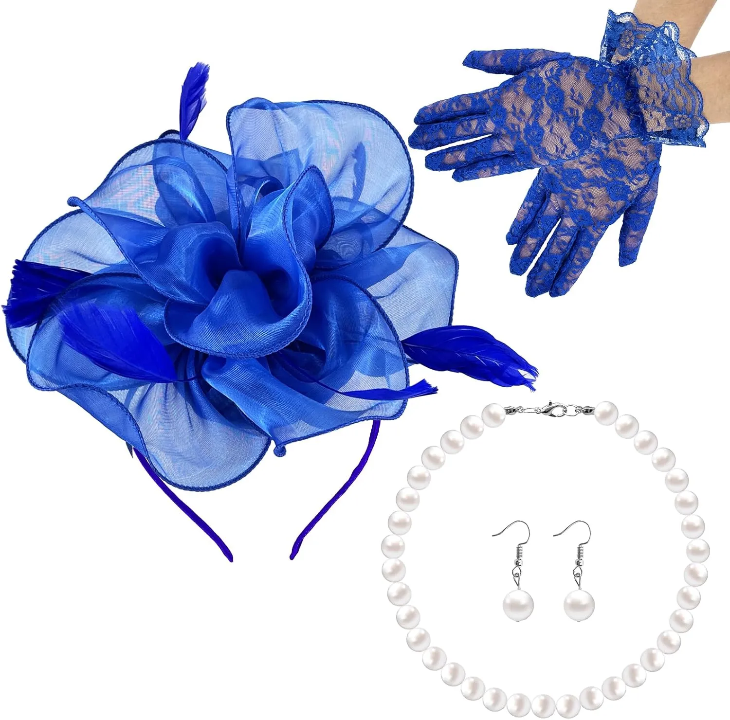 1920s Vintage Fascinators Hat Set for Women Cocktail Wedding Halloween Tea Party Headband Lace Gloves Pearl Jewelry Set