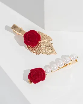 2 Pack Rose Pearl And Leaf Hair Slides