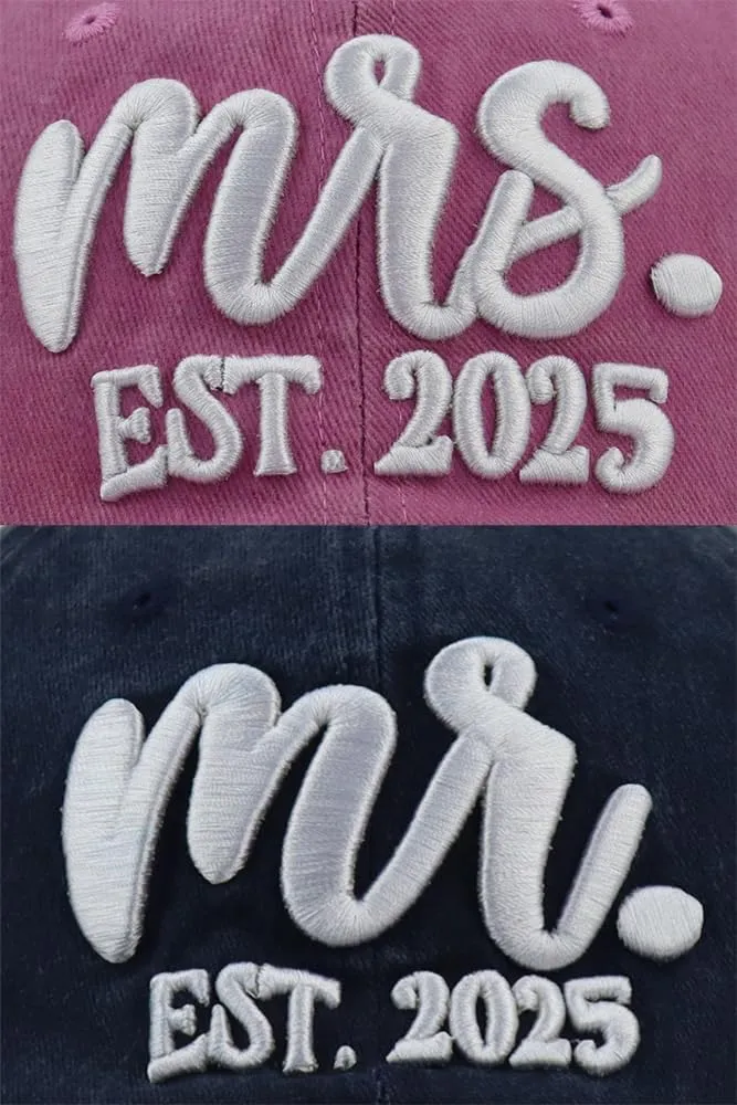 2 PCS Mr and Mrs Est 2025 Hats for Men Women, 3D Embroidered Adjustable Cotton Couples Baseball Cap