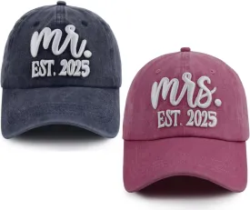 2 PCS Mr and Mrs Est 2025 Hats for Men Women, 3D Embroidered Adjustable Cotton Couples Baseball Cap