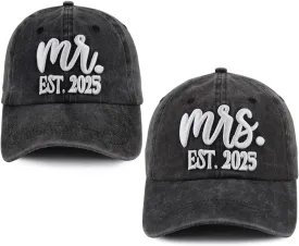 2 PCS Mr and Mrs Est 2025 Hats for Men Women, 3D Embroidered Adjustable Cotton Couples Baseball Cap
