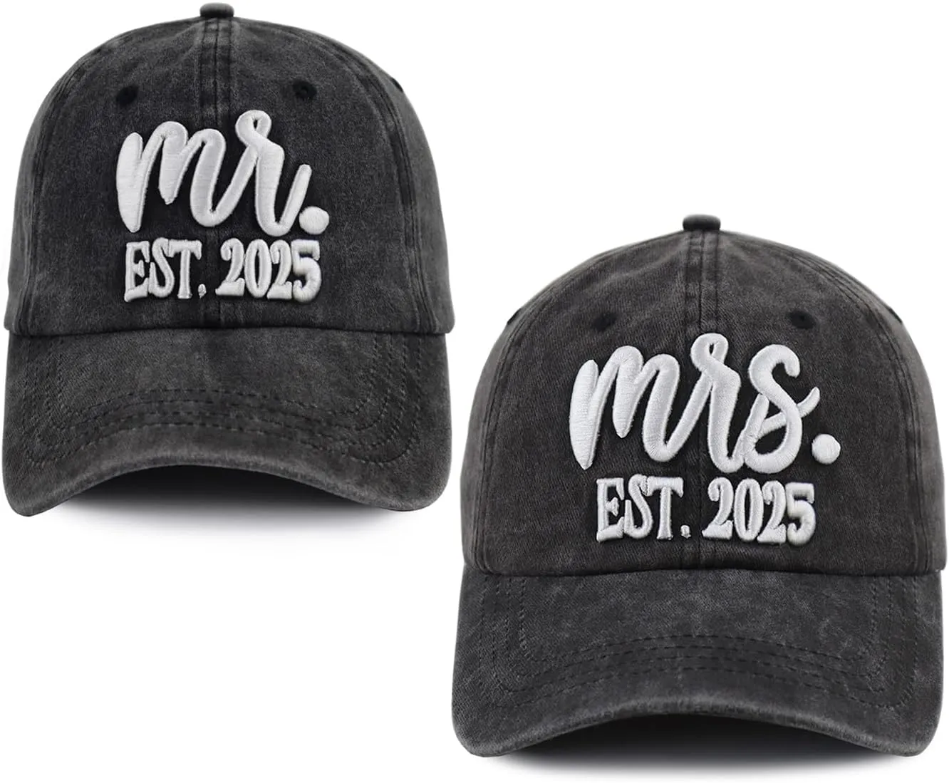 2 PCS Mr and Mrs Est 2025 Hats for Men Women, 3D Embroidered Adjustable Cotton Couples Baseball Cap
