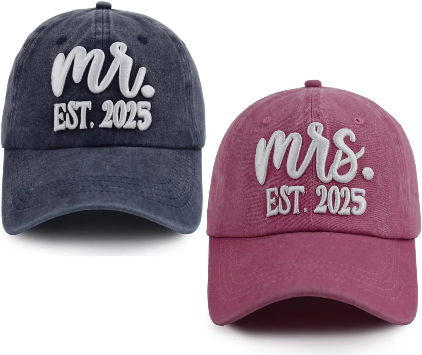 2 PCS Mr and Mrs Est 2025 Hats for Men Women, 3D Embroidered Adjustable Cotton Couples Baseball Cap