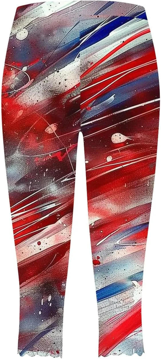4th of July Capri Leggings for Women American Flag Patterned Patriotic Pants High Waist Workout Yoga Legging