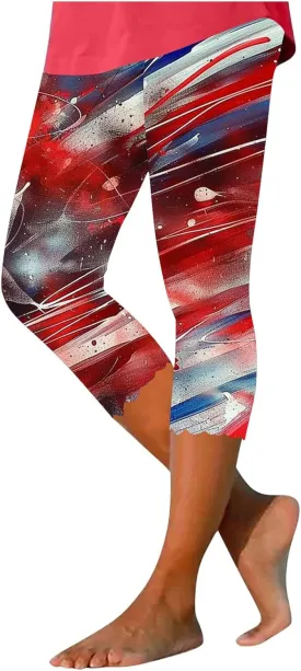 4th of July Capri Leggings for Women American Flag Patterned Patriotic Pants High Waist Workout Yoga Legging