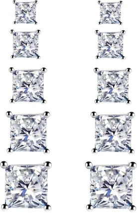 925 Sterling Silver Stud Earrings, 4 Pairs Square Cubic Zirconia Stud Earrings Set for Women Men 3 4 5 6mm