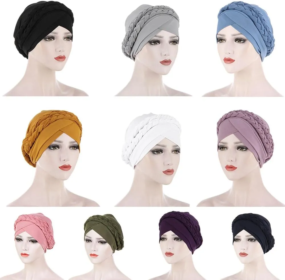 African Women Turban Caps Beanie Twist Headscarf Pre Tied Double Braid Headwrap Hat