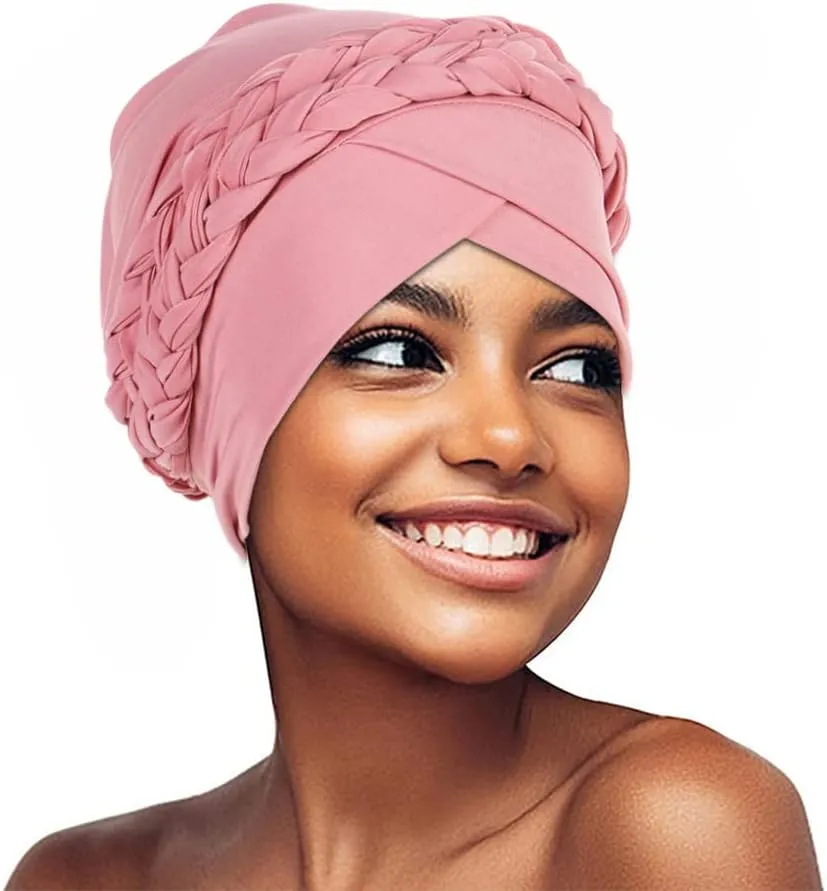 African Women Turban Caps Beanie Twist Headscarf Pre Tied Double Braid Headwrap Hat