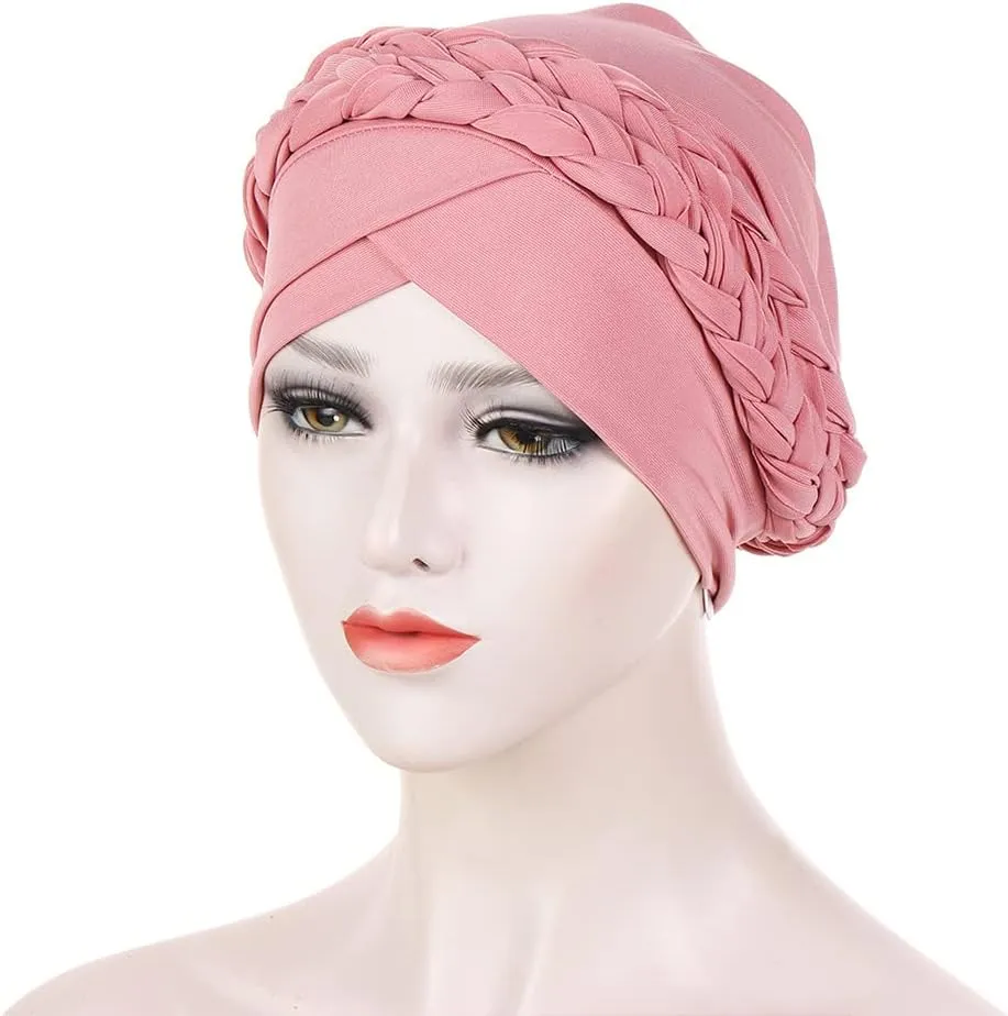 African Women Turban Caps Beanie Twist Headscarf Pre Tied Double Braid Headwrap Hat