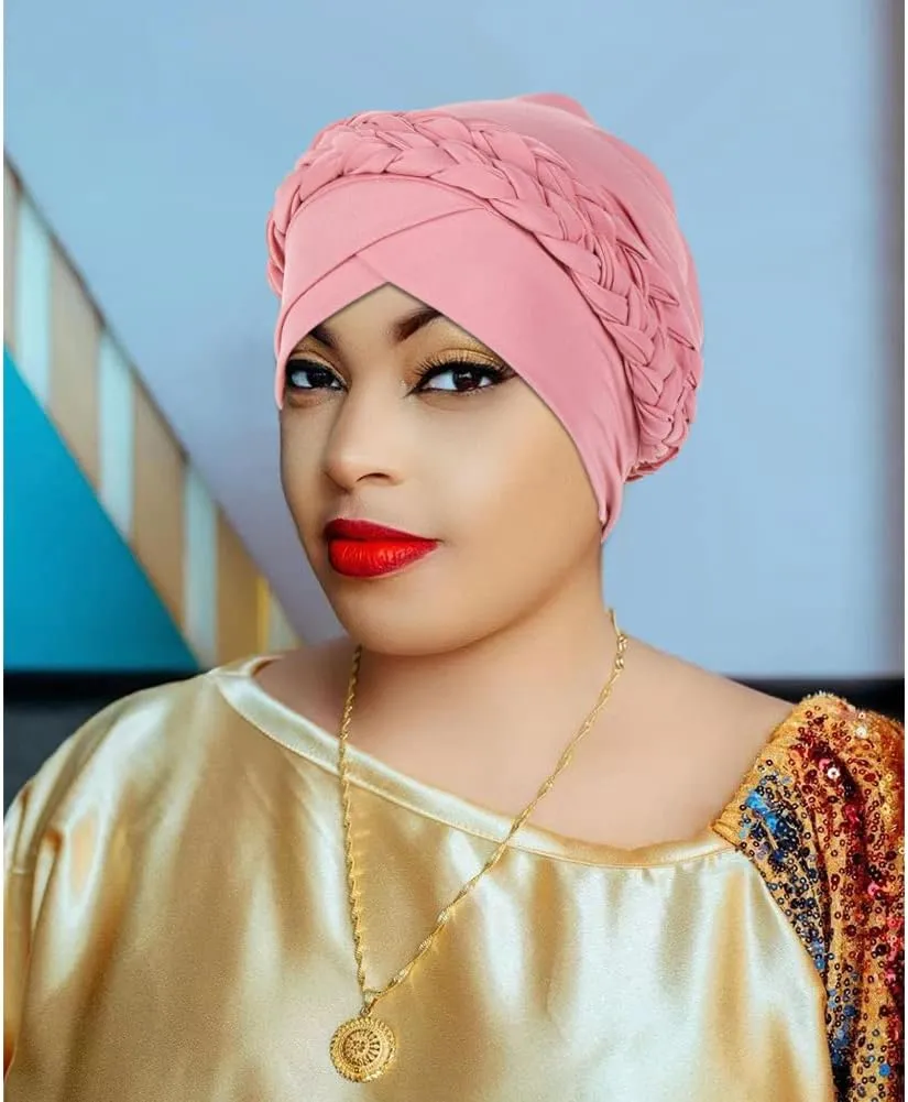 African Women Turban Caps Beanie Twist Headscarf Pre Tied Double Braid Headwrap Hat