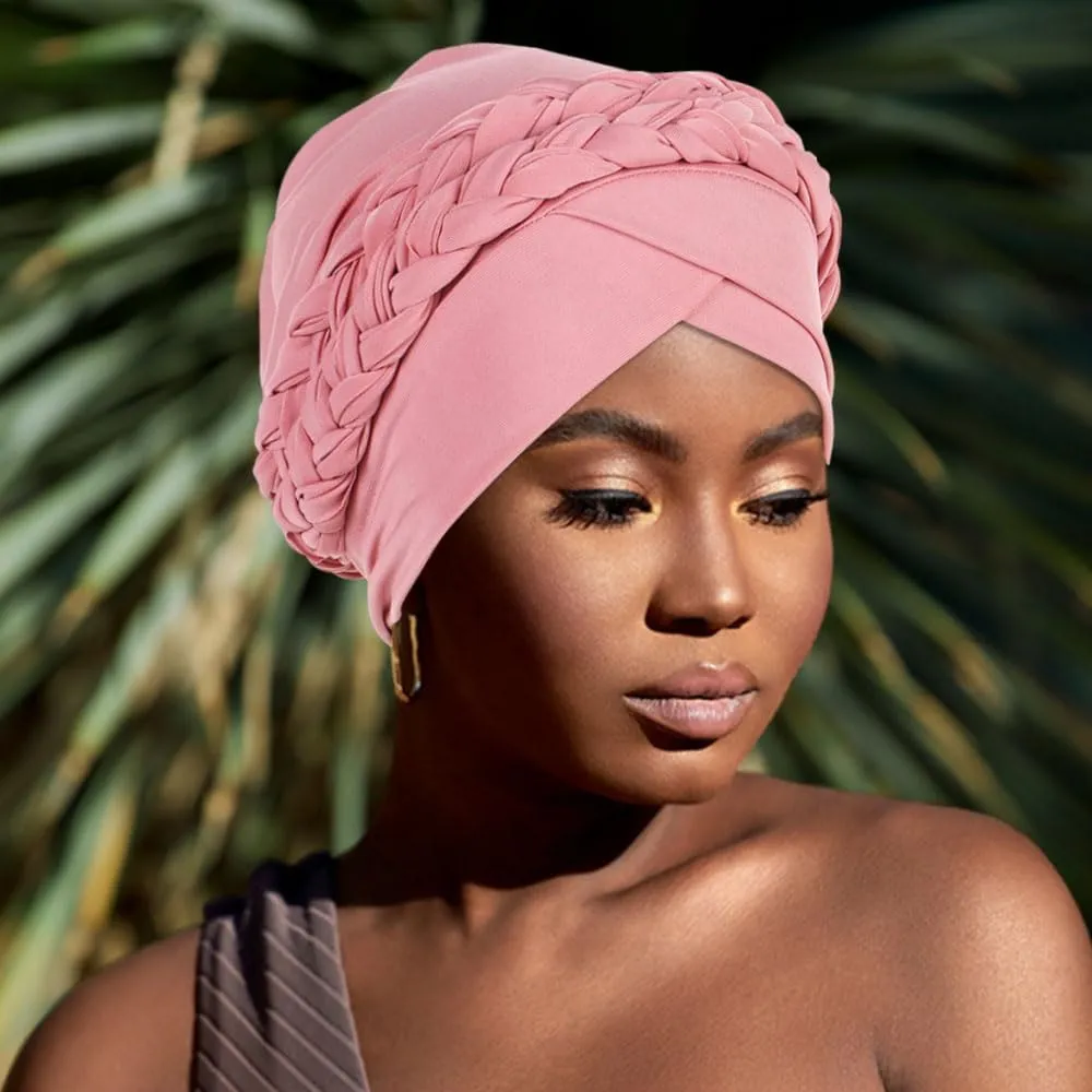 African Women Turban Caps Beanie Twist Headscarf Pre Tied Double Braid Headwrap Hat