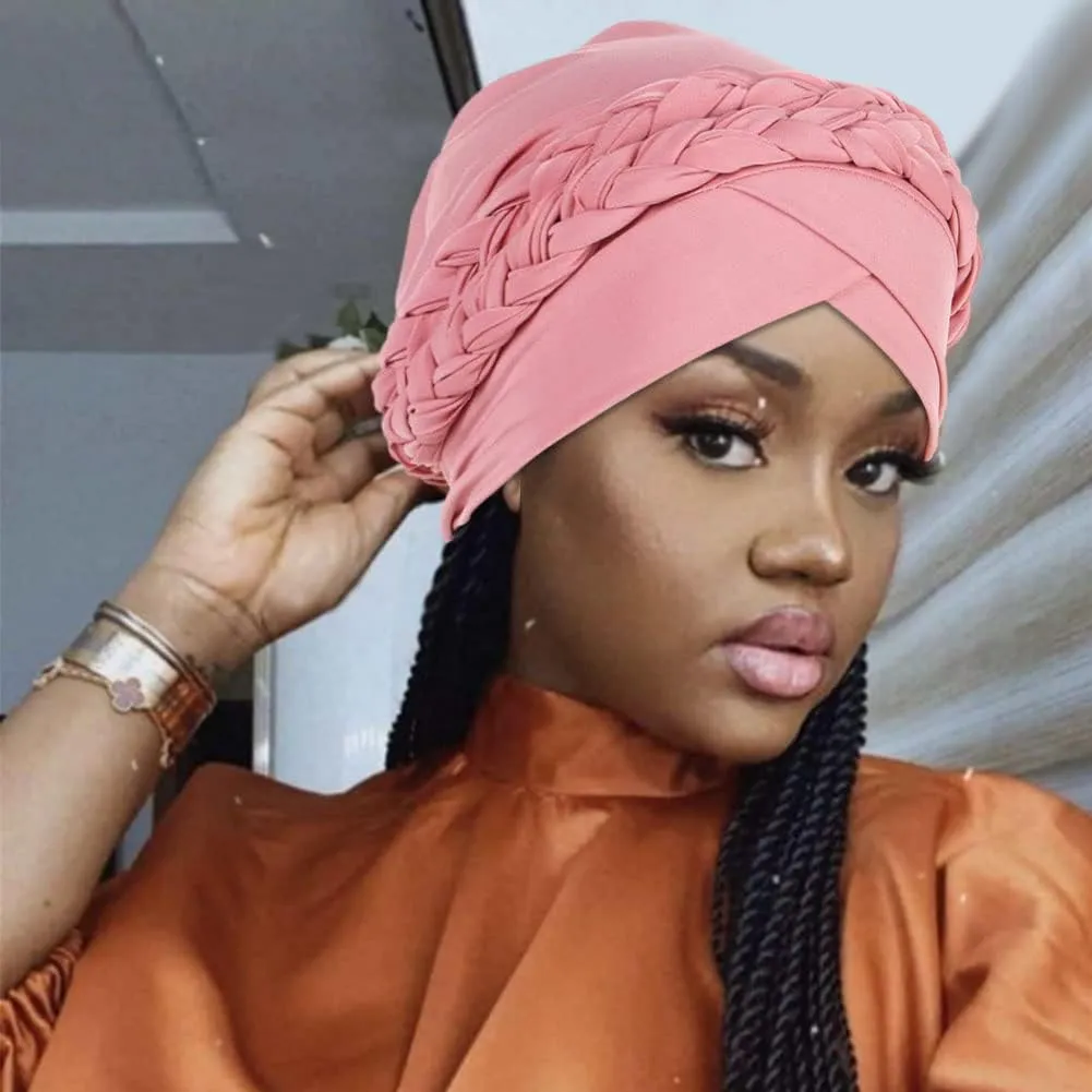 African Women Turban Caps Beanie Twist Headscarf Pre Tied Double Braid Headwrap Hat