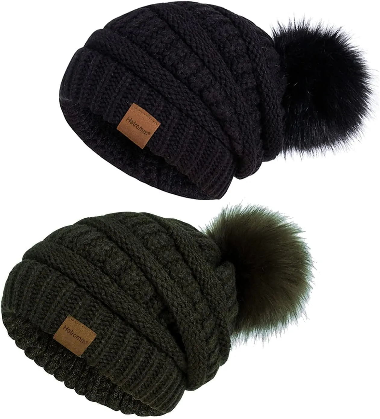 Beanies Women with Pom, Winter Hats for Women with Thick Warm Fleece Lining Cold Weather, Beanie Hats for Women Knit Slouchy(Black Olive)