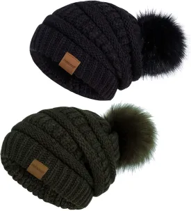Beanies Women with Pom, Winter Hats for Women with Thick Warm Fleece Lining Cold Weather, Beanie Hats for Women Knit Slouchy(Black Olive)