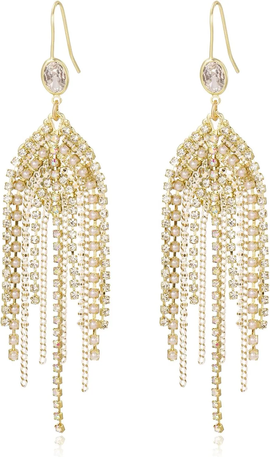 Boho Chandelier Fringe Drop Dangle Earrings For Women,Long Rhinestone Formal Country Concert Bohemian CZ Crystal Chain Jewelry Tassel Earrings For Wedding Bride Bridesmaid Party Prom