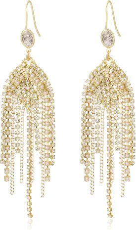 Boho Chandelier Fringe Drop Dangle Earrings For Women,Long Rhinestone Formal Country Concert Bohemian CZ Crystal Chain Jewelry Tassel Earrings For Wedding Bride Bridesmaid Party Prom