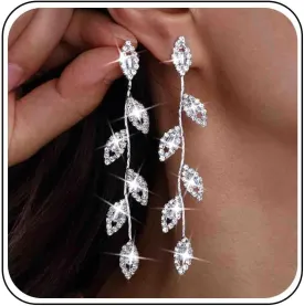 Boho CZ Leaf Drop Earrings Long Rhinestones Leaf Earrings Gold Crystal Dangle Earrings Long Tassel Cubic Zirconia Earrings Bridal Wedding Chandelier Earrings Jewelry for Women