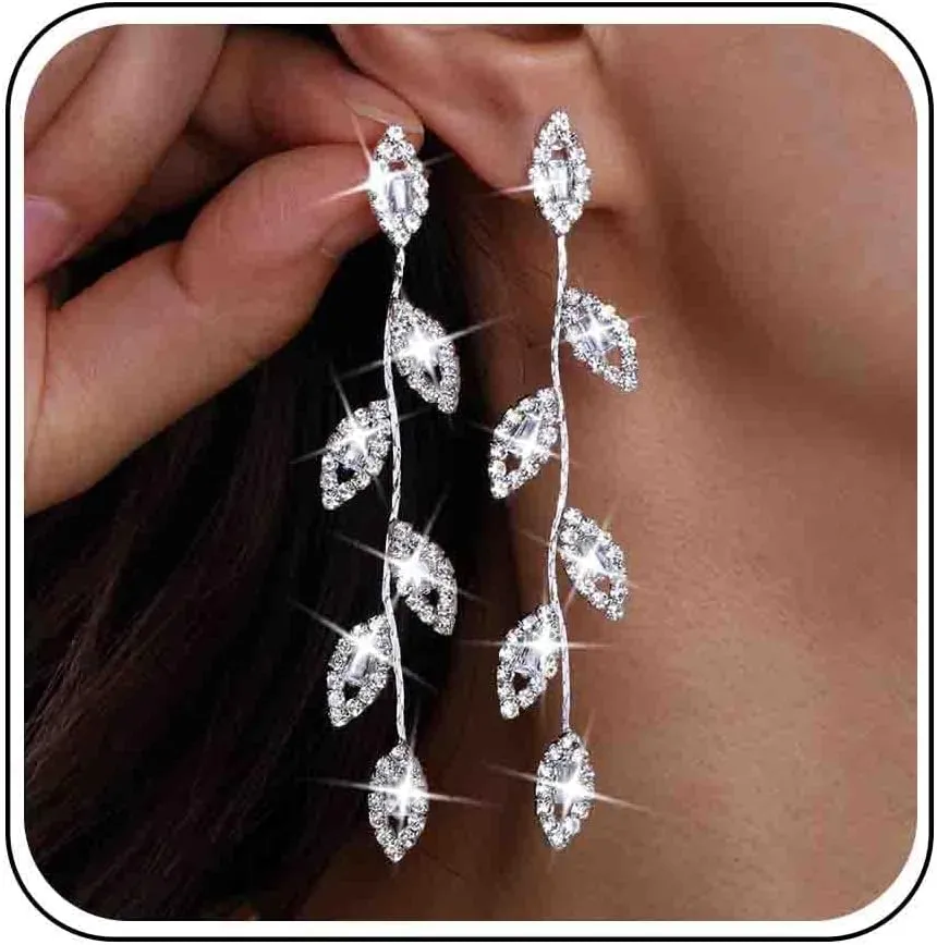 Boho CZ Leaf Drop Earrings Long Rhinestones Leaf Earrings Gold Crystal Dangle Earrings Long Tassel Cubic Zirconia Earrings Bridal Wedding Chandelier Earrings Jewelry for Women