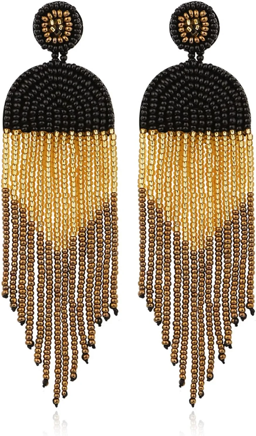 Clip on Earrings Dangle Long Tassel Earrings Bohemian Handmade Boho Tri Color Seed Beaded for Women Fringe Drop