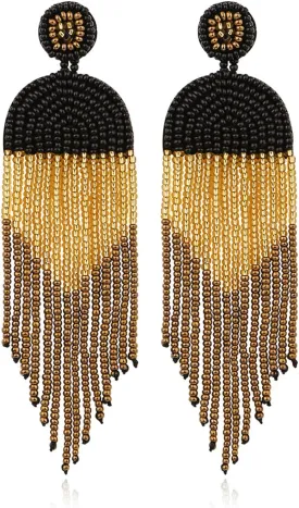 Clip on Earrings Dangle Long Tassel Earrings Bohemian Handmade Boho Tri Color Seed Beaded for Women Fringe Drop