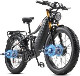 Dual Motor 2000W/1000W Electric Bike for Adult 48V 30AH/20Ah Removable Battery Up to &120 Miles Long Range 26"Fat Tire Off Road Mountain Full Suspension Electric Bicycle,Adjustable Stem,UL Certified
