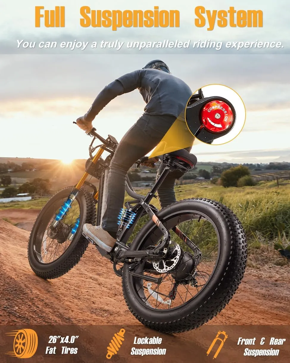 Dual Motor 2000W/1000W Electric Bike for Adult 48V 30AH/20Ah Removable Battery Up to &120 Miles Long Range 26"Fat Tire Off Road Mountain Full Suspension Electric Bicycle,Adjustable Stem,UL Certified
