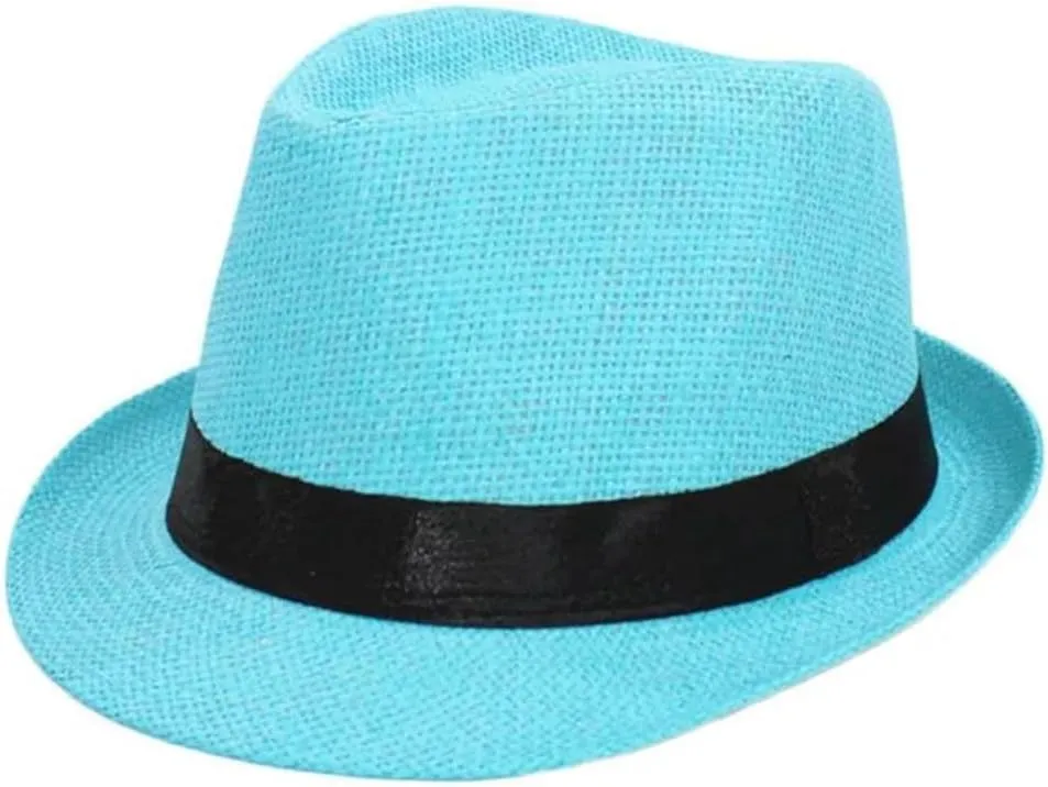 Fashion Unisex Straw Hat Ribbon Curling Brim Jazz Fedora Hat Panama Outdoor Beach Hats