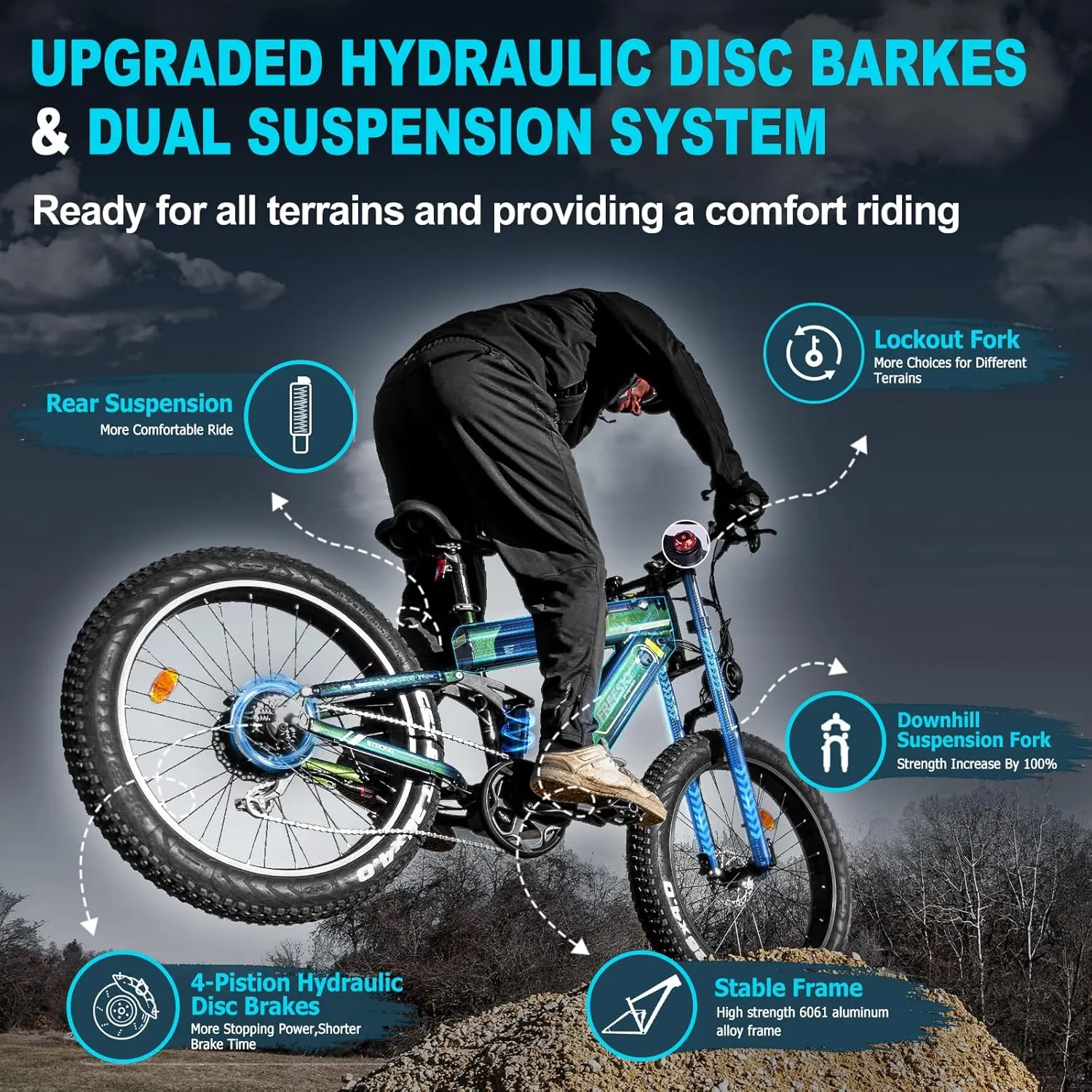 FREESKY Upgraded 2025 Dual Battery Electric Bike for Adults 2500W 48V 41Ah 38MPH&90-160 Miles Long Range 26" Fat Tire Full Suspension E Bike with Dual Hydraulic Brakes