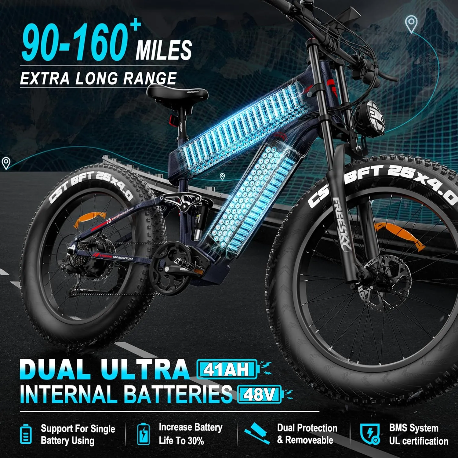 FREESKY Upgraded 2025 Dual Battery Electric Bike for Adults 2500W 48V 41Ah 38MPH&90-160 Miles Long Range 26" Fat Tire Full Suspension E Bike with Dual Hydraulic Brakes