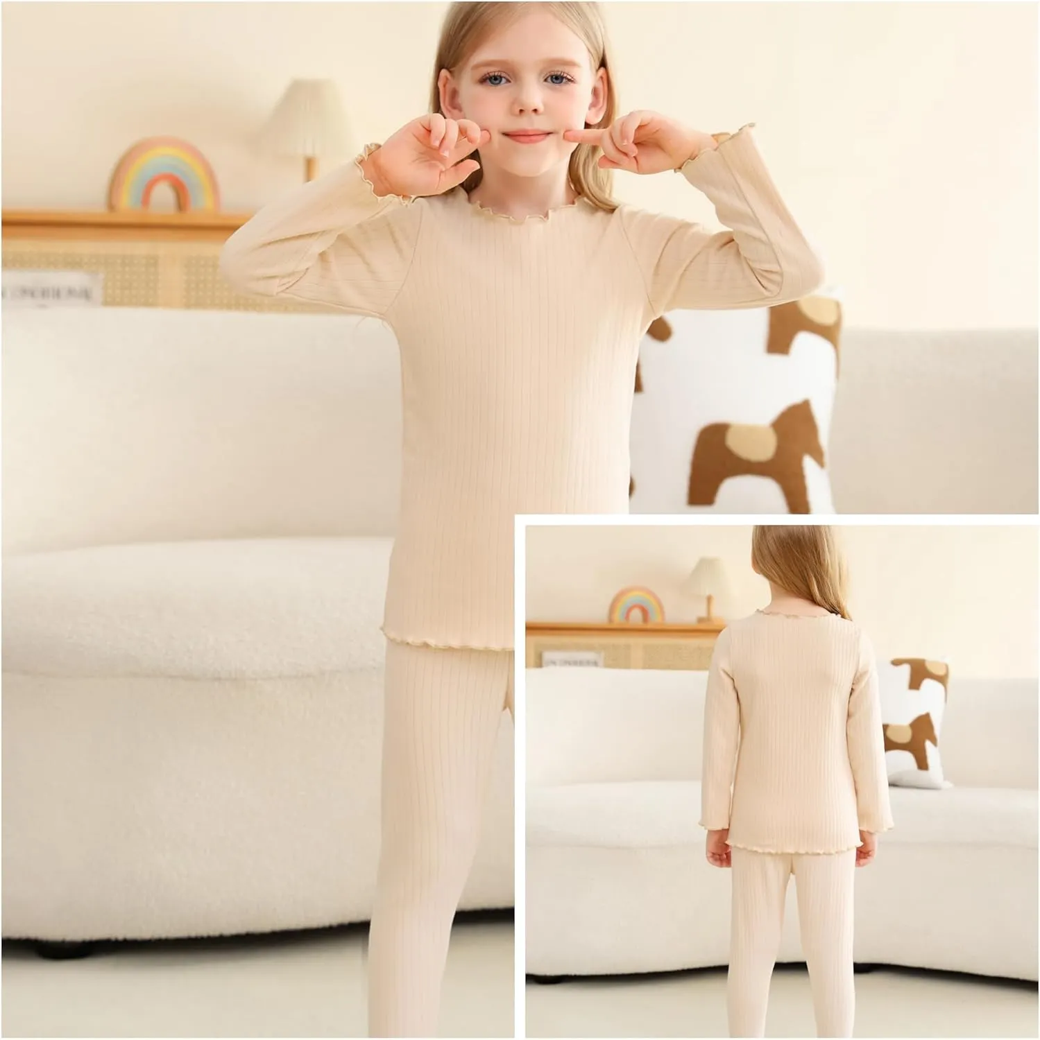 Girls Thermal Underwear Set Girls' Ruffle Trim Fall Base Layer Apparel Set Winter Top and Long pants for 3-8Y