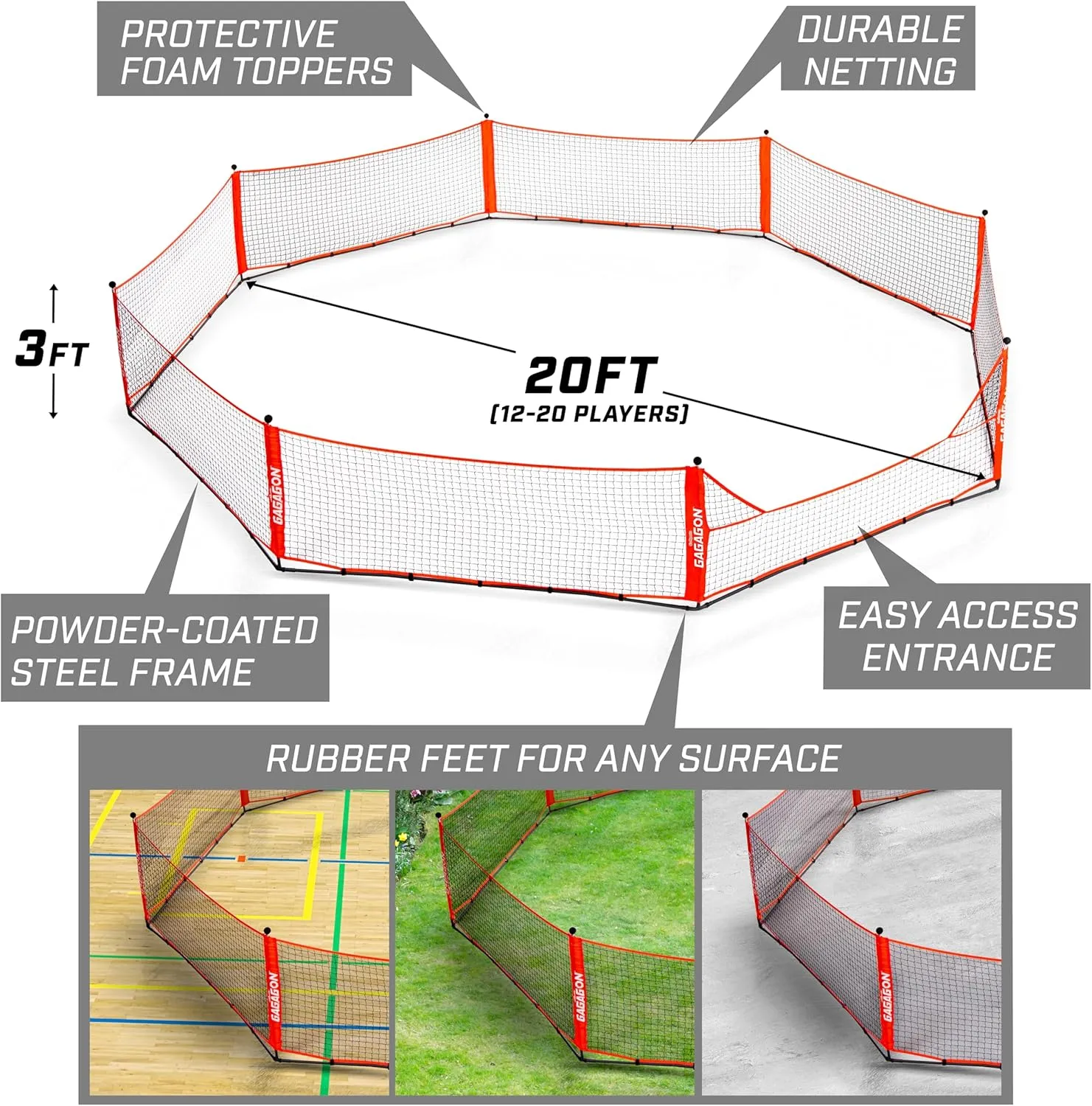 GoSports Gaga Ball Pit  10 ft, 15 ft or 20 ft Portable Indoor/Outdoor Gagagon Pit for School, Camp or Home Use