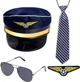 HOVEOX Pilot Costume Accessories Airline Pilot Captain Costume Airline Pilot Captain Hat Pilot Costume for Men Halloween Party Cosplay Blue