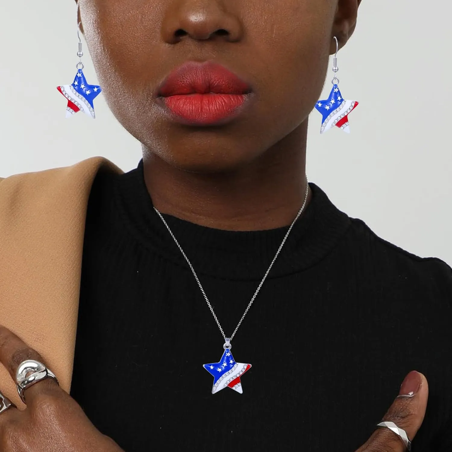 HUJUON American Flag Pendant Necklace Earring Set for Women 4th Of July Butterfly Drop Dangle Hook Earring Independence Day Usa Patriotic Choker Jewelry Gift