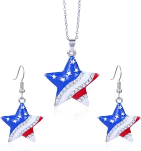 HUJUON American Flag Pendant Necklace Earring Set for Women 4th Of July Butterfly Drop Dangle Hook Earring Independence Day Usa Patriotic Choker Jewelry Gift