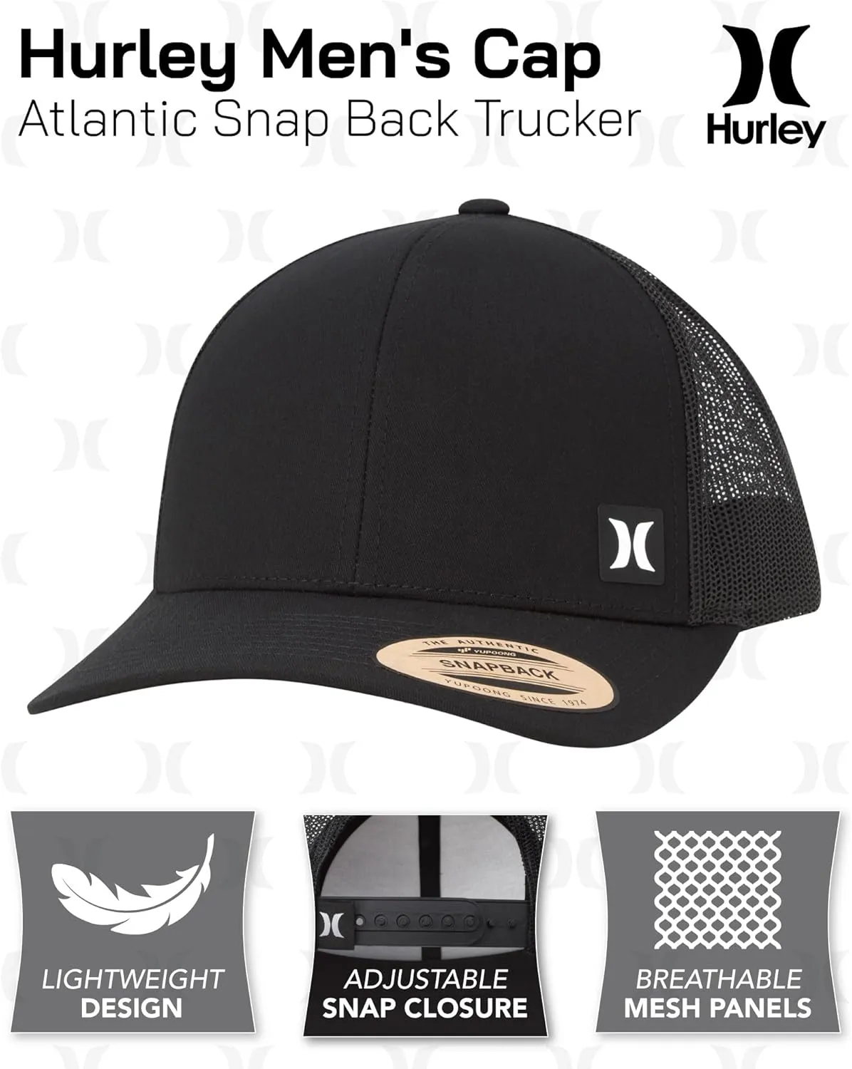 Hurley Men's Trucker Hat - Atlantic Snap Back Comfortable Curved Bill with Adjustable Snap Closure - Trucker Hats for Men