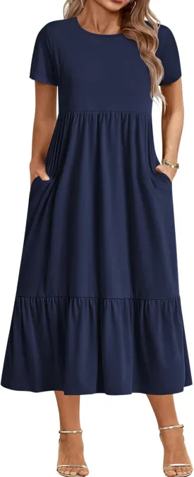 IN'VOLAND Women Plus Size Short Sleeve Dress Loose Plain Casual Summer Flowy Tiered Long Maxi Dresses with Pockets