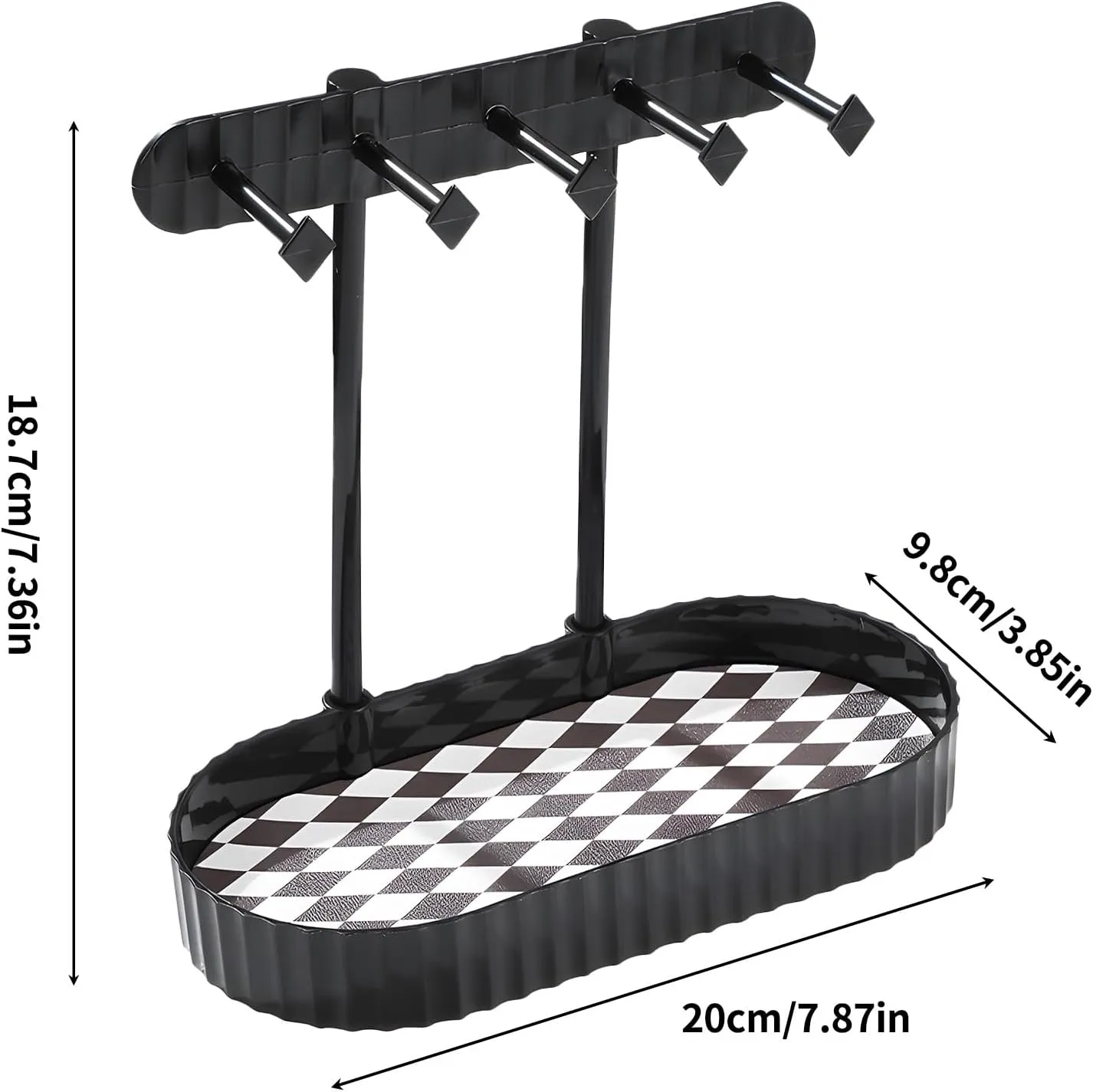 Jewelry Organizer Stand, Necklaces Holder with Wooden Tray, Necklace Display Stand Jewelry Storage Hooks for Necklace, Bracelets, Earrings, Ring, Keys, Watches (Black-Check)