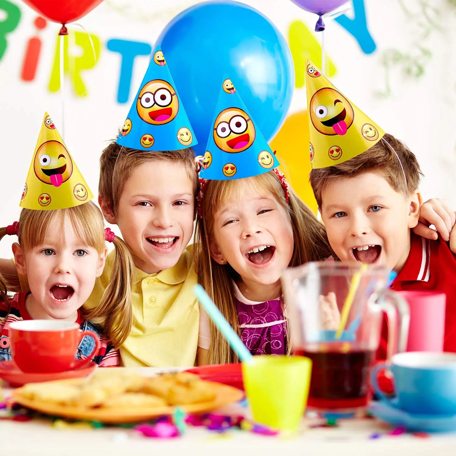Kicko Emoticon Party Hats - 16 Pack - 2 Colors - for Kids, Party Favors, Funny Classroom