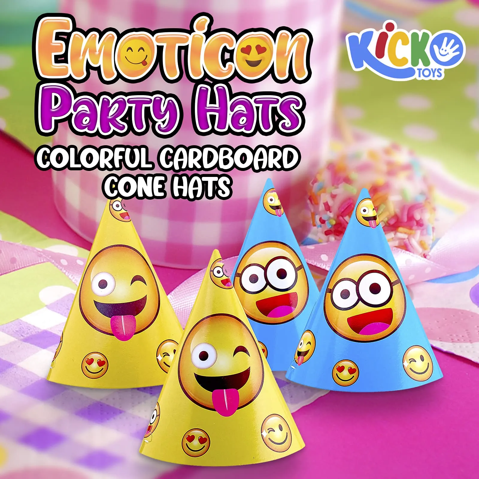 Kicko Emoticon Party Hats - 16 Pack - 2 Colors - for Kids, Party Favors, Funny Classroom
