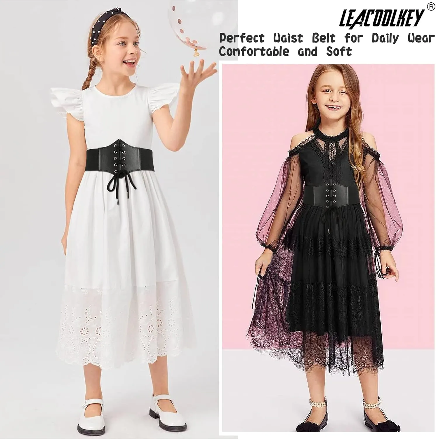 LEACOOLKEY Kids Waist Belt for Dress Elastic Lace-up Waist Belt for Girls