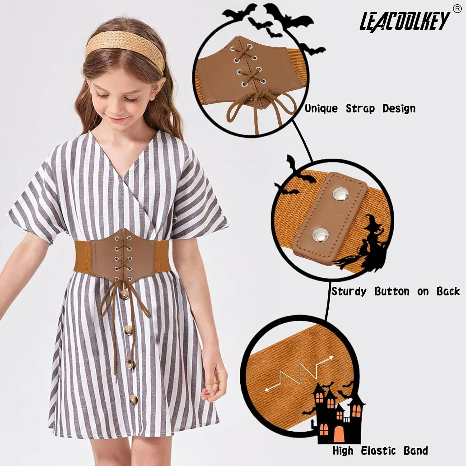 LEACOOLKEY Kids Waist Belt for Dress Elastic Lace-up Waist Belt for Girls
