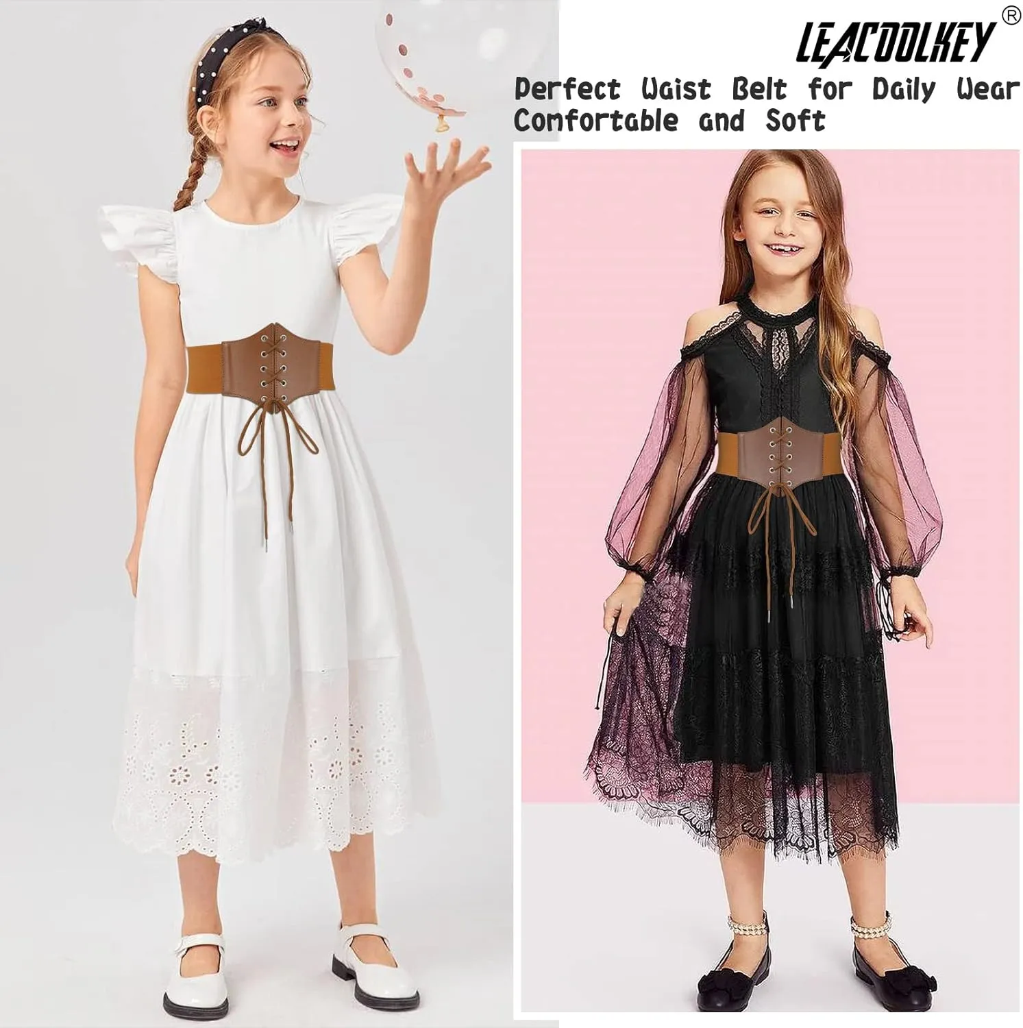 LEACOOLKEY Kids Waist Belt for Dress Elastic Lace-up Waist Belt for Girls