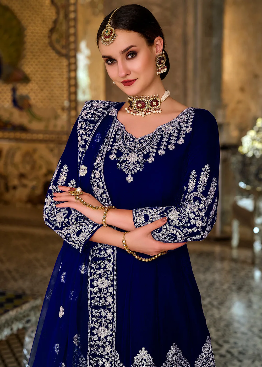 Luxurious Blue Sequins Embroidered Trendy Velvet Anarkali