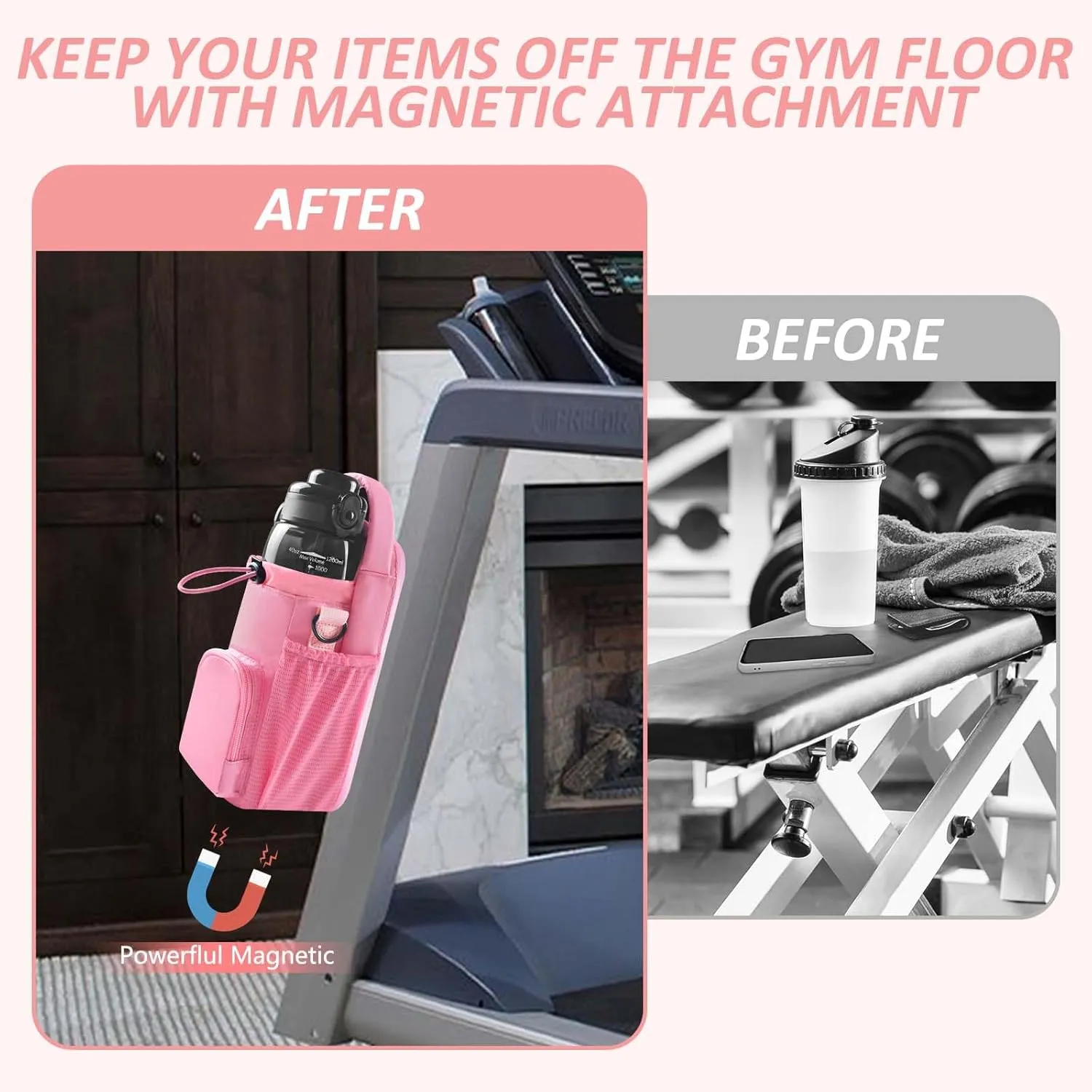 Magnetic Gym Bag for Men and Women, Small Crossbody Gym Bag, Water Bottle with Phone Holder, Gym Gifts for Women (Pink)