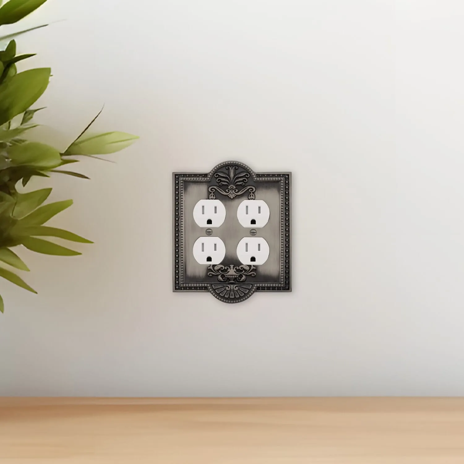 Meadows Switch Plate with Double Outlet in Antique Pewter