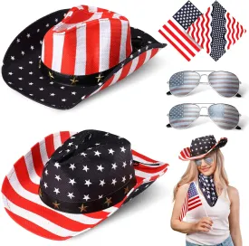 Mepase Cowboy Hat with Bandana and Sunglasses - 4th of July Costume Accessories - Set of 6 - American Flag Design - Plastic - One Size - Unisex - Red, White, Blue