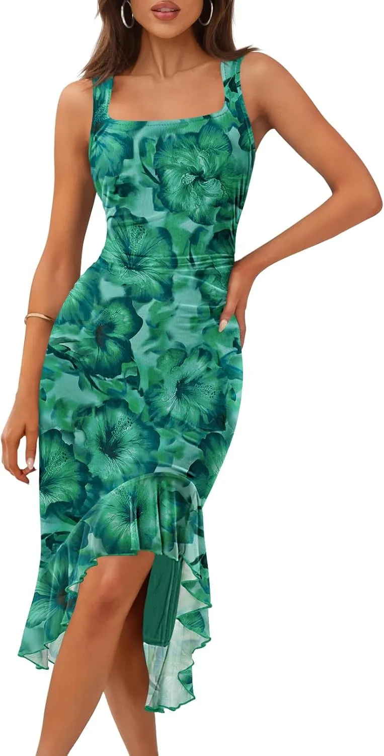 MEROKEETY Women's Summer Floral Bodycon Dress Square Neck Sleeveless Ruffle Hem Cocktail Mesh Midi Dress
