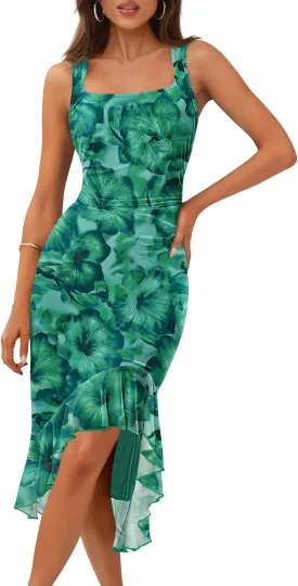 MEROKEETY Women's Summer Floral Bodycon Dress Square Neck Sleeveless Ruffle Hem Cocktail Mesh Midi Dress